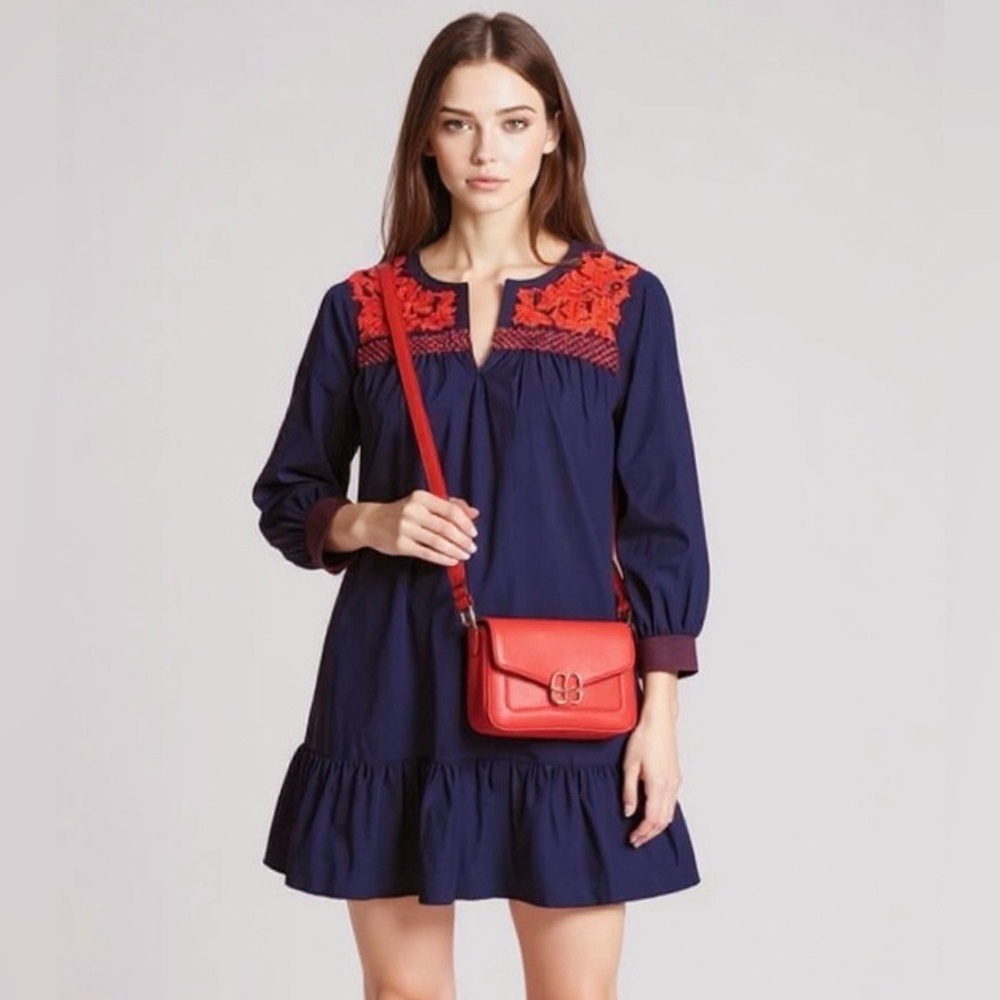 J Crew Leda Blue Orange Cotton Flare Embroidered Popover Baby Doll Dress Large
